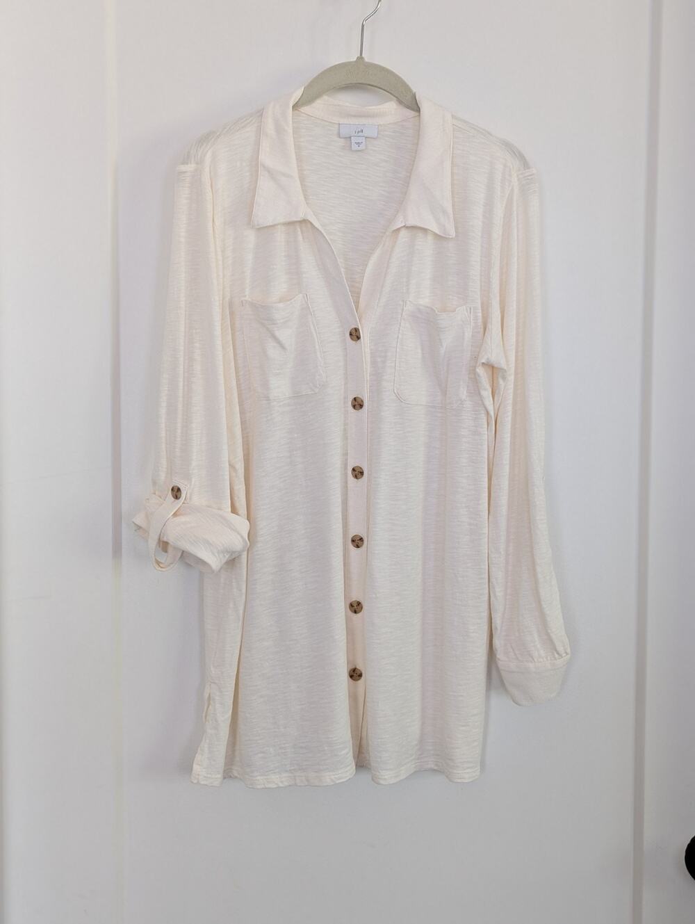 J.Jill Off-White Slub Knit Button Front Shirt Tunic M Roll Tab Long Slv. Cotton